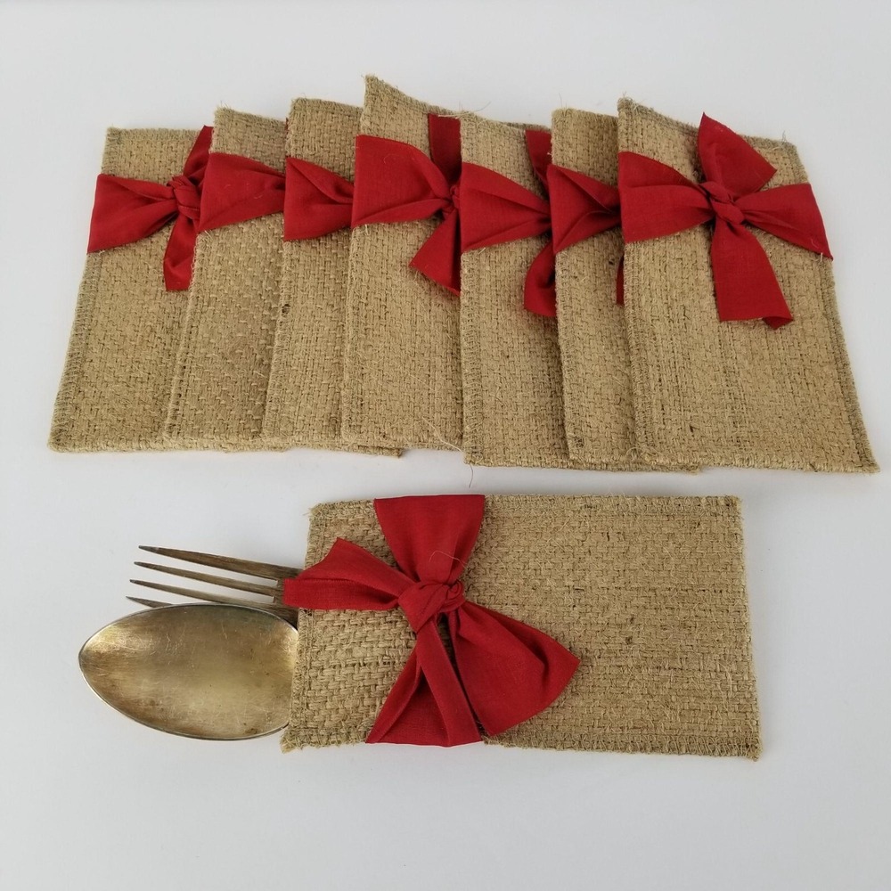 Le Cadeaux‎ Cutlery Couture Jute Silverware Pouches Red Bow 8pc Set Rustic Table